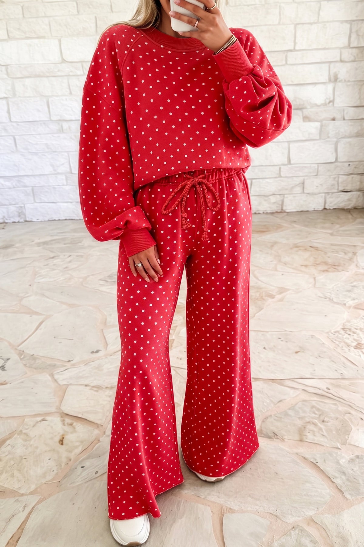 Jane Polka Dot Drawstring Wide Leg Long Sleeve Top Pant Set Outfit