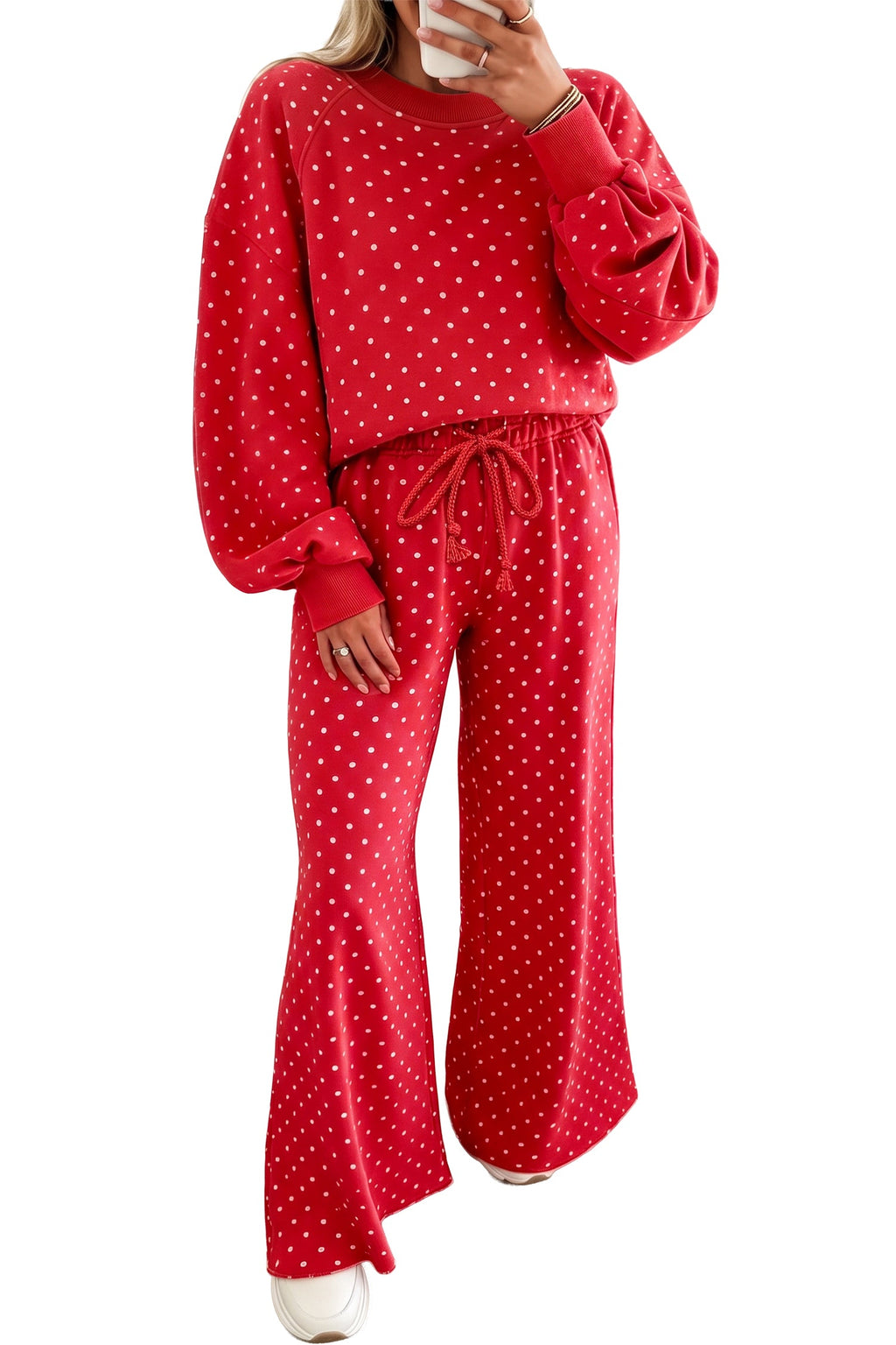 Jane Polka Dot Drawstring Wide Leg Long Sleeve Top Pant Set Outfit