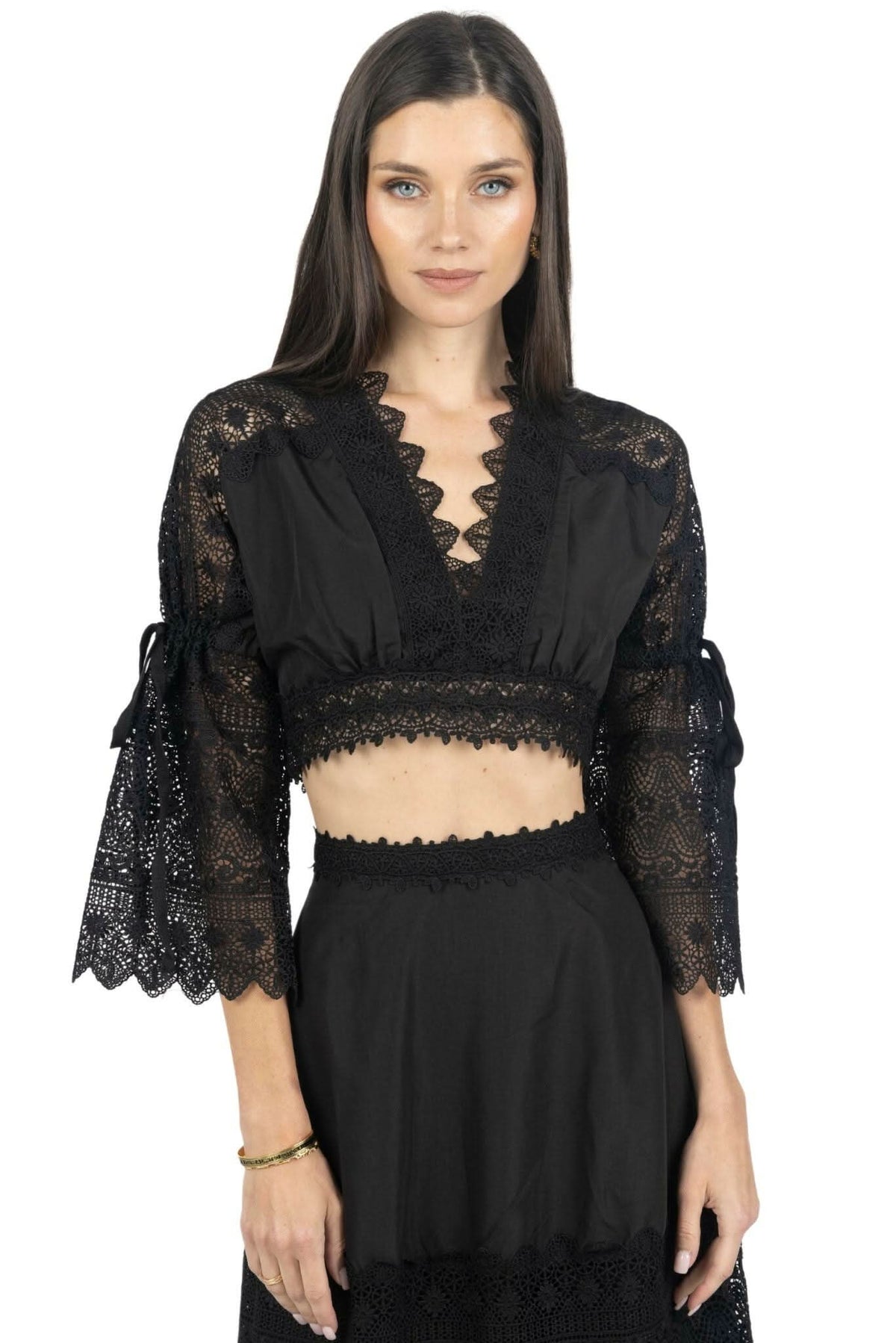 Emily Guipure Lace cropped Top & Maxi Skirt Set In Black suit ladies Akalia XS