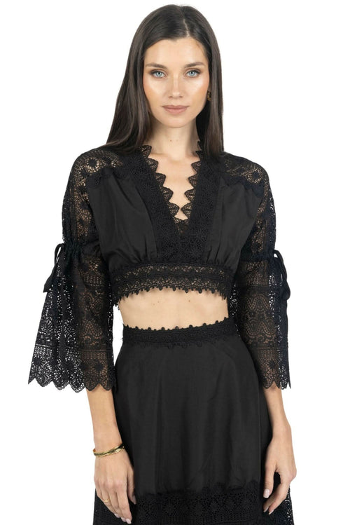 Emily Guipure Lace cropped Top & Maxi Skirt Set In Black suit ladies Akalia XS