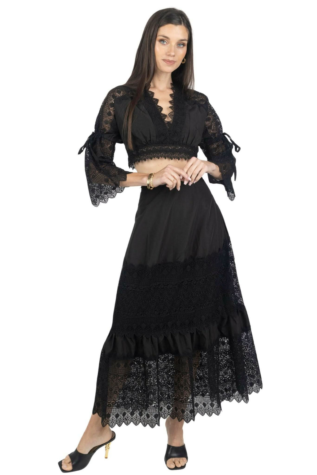 Emily Guipure Lace cropped Top & Maxi Skirt Set In Black suit ladies Akalia XS