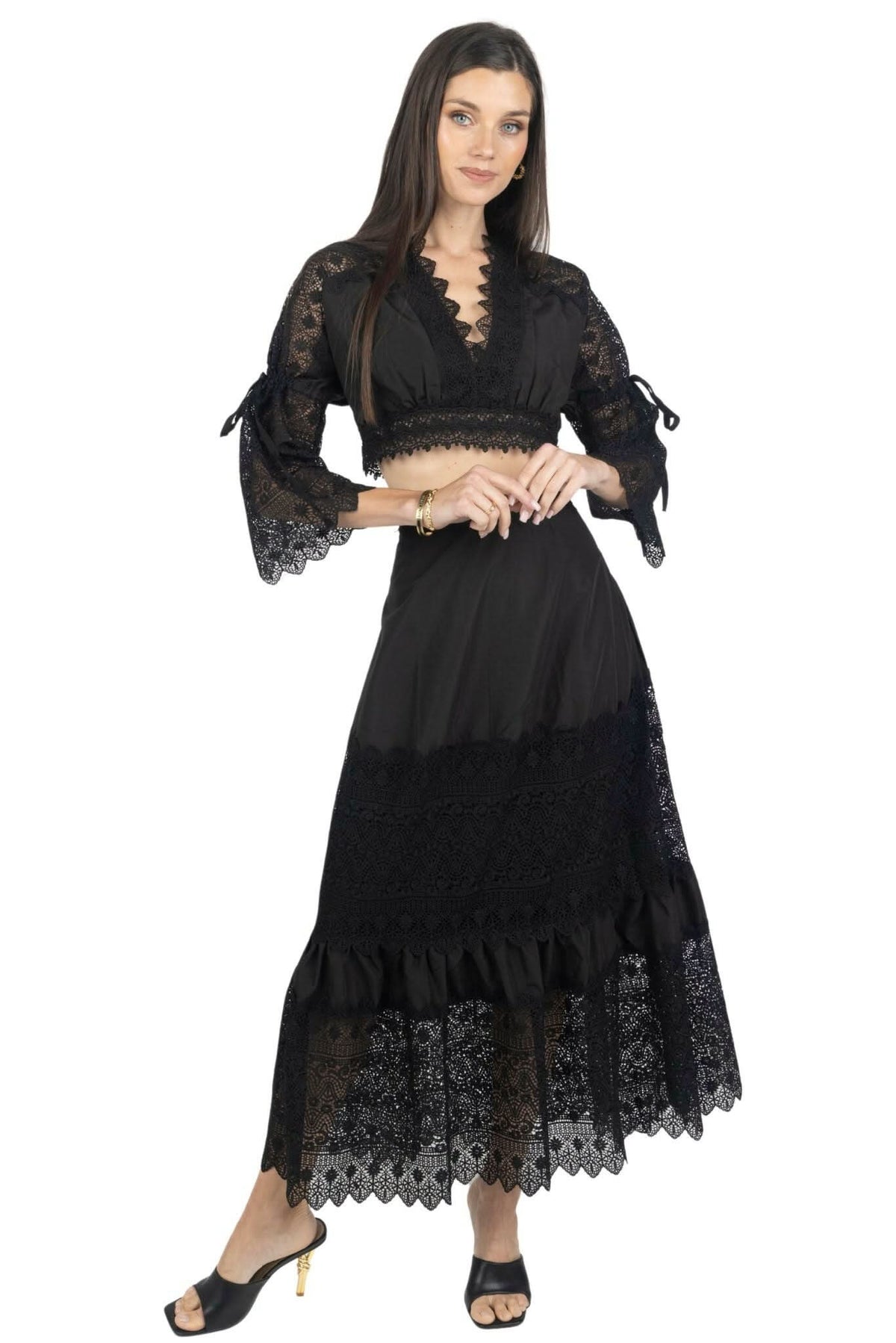 Emily Guipure Lace cropped Top & Maxi Skirt Set In Black suit ladies Akalia XS