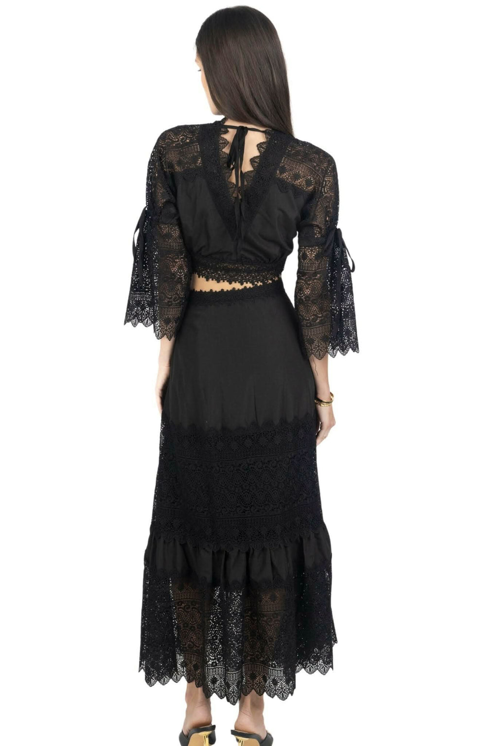 Emily Guipure Lace cropped Top & Maxi Skirt Set In Black suit ladies Akalia XS