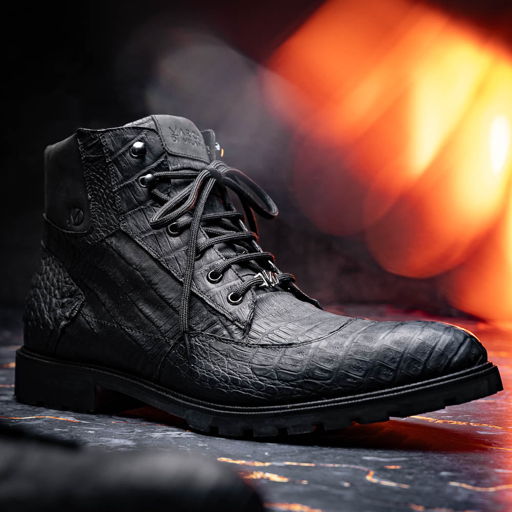 Leoni Oil Black lace-up boots Genuine Caiman crocodile men's black