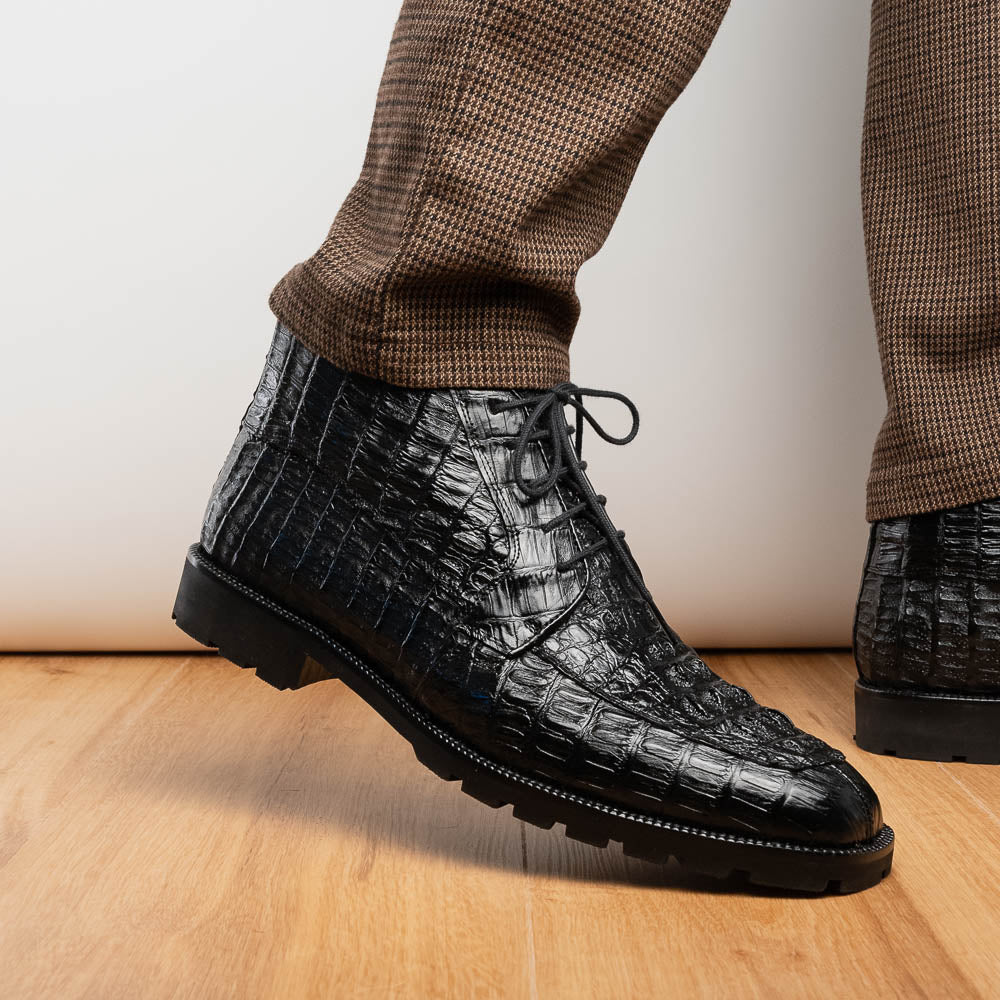 Martinelli Black Caiman crocodile men's ankle boots shoes dress casual Milano