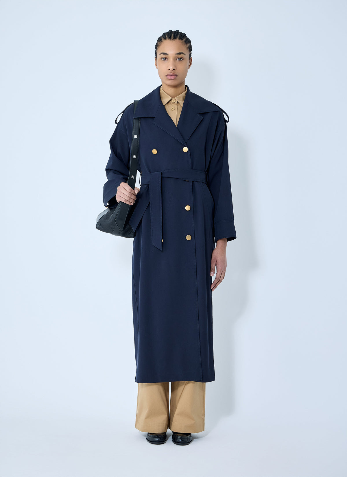 Max Mara Ladies Gabardine Wool Coat Navy Long Trench