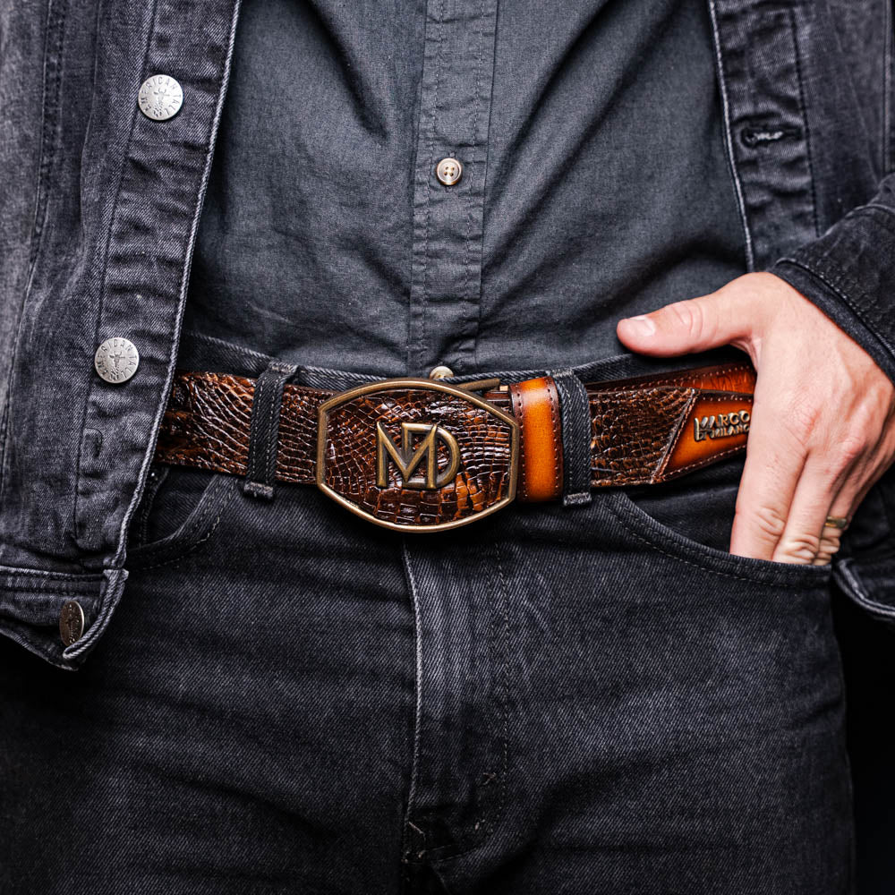Marco di Milano unisex Montana Belt Aged Brown Caiman crocodile leather men's