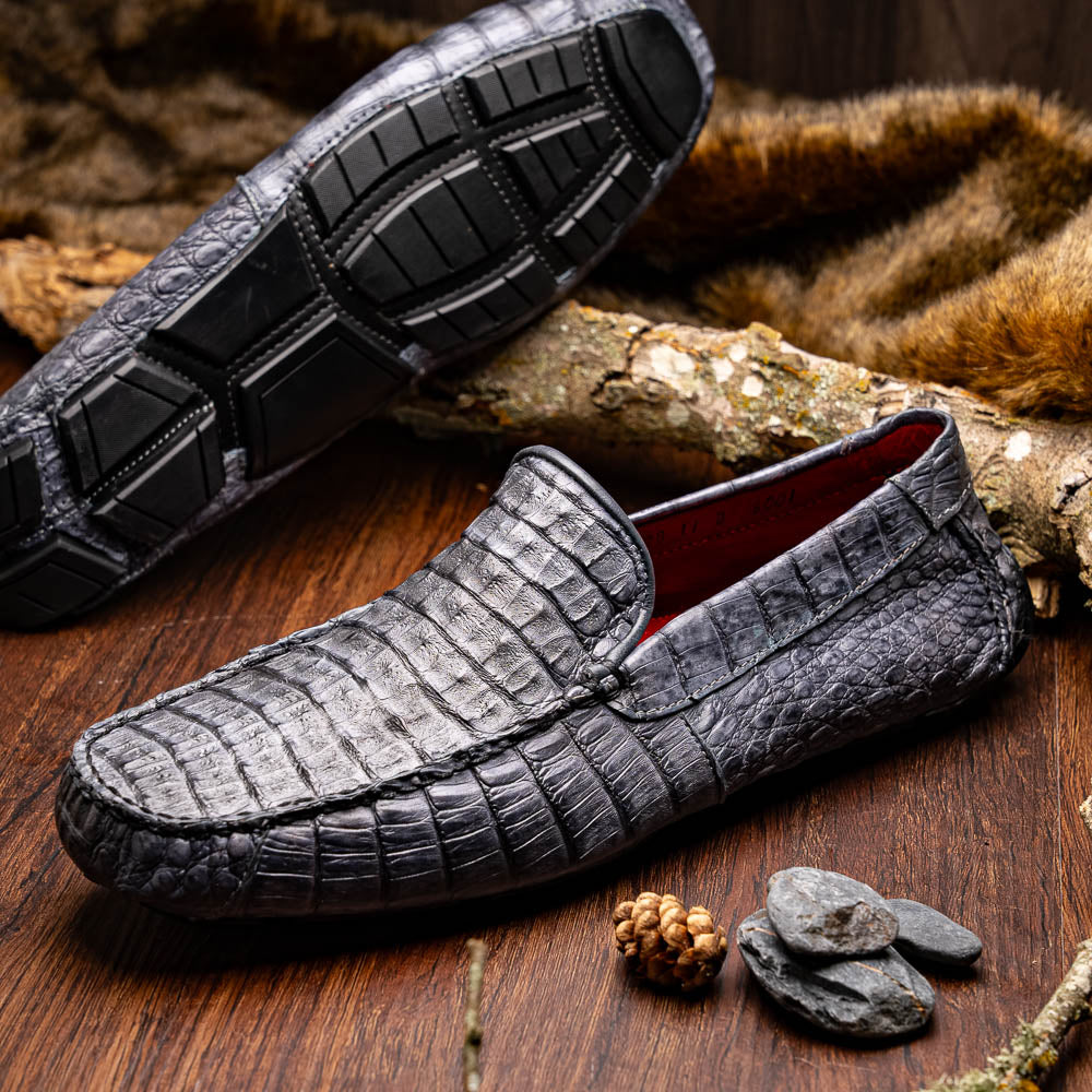 Remo Gray men's driving mocs shoes genuine Caiman crocodile slip-ons