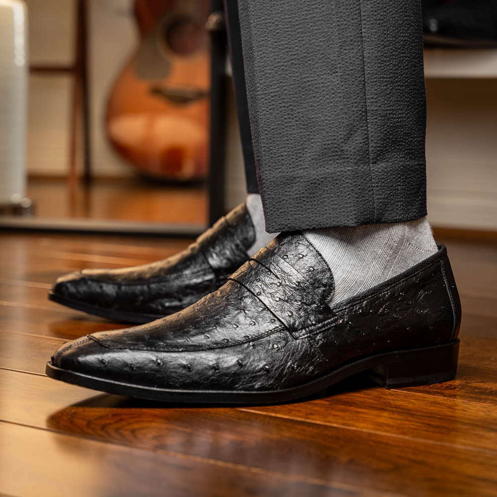 Salvatore Black genuine ostrich skin loafers shoes men's luxury