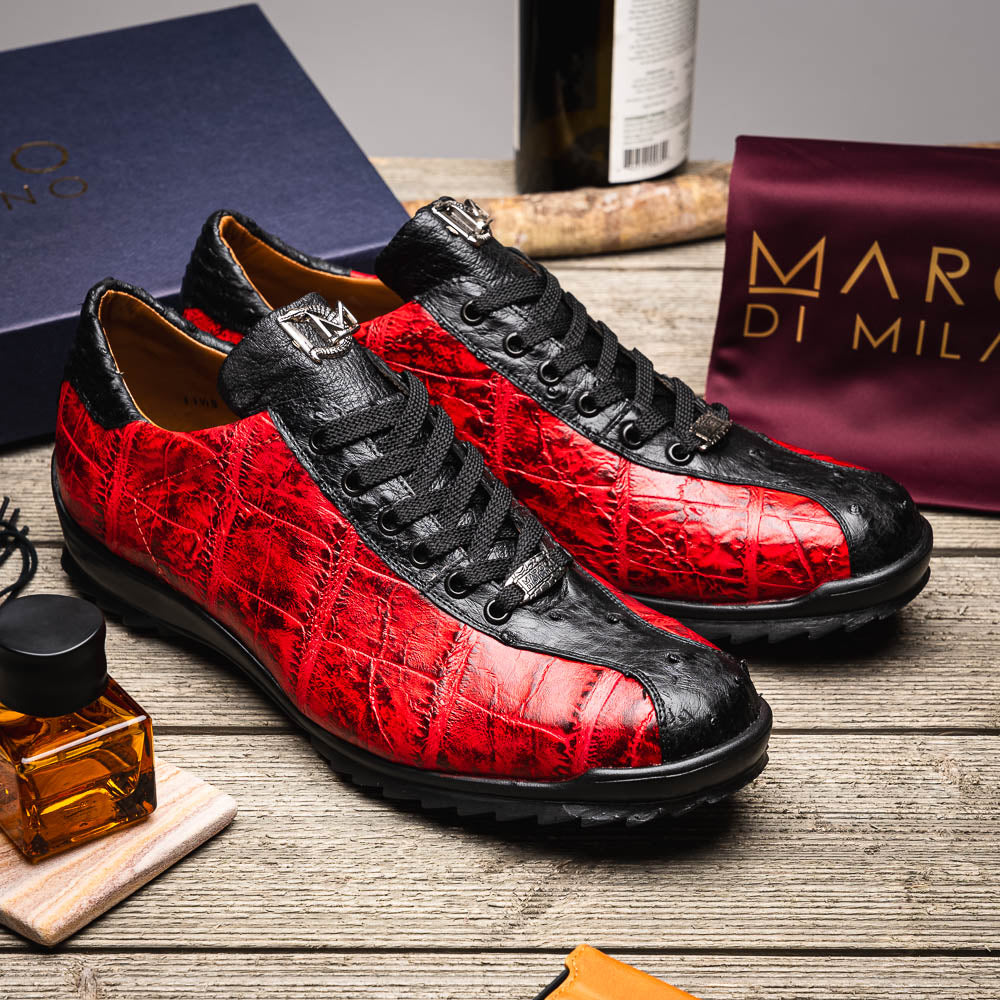 Saulo men's sneakers genuine alligator and ostrich BlackCherry Milano red shoes
