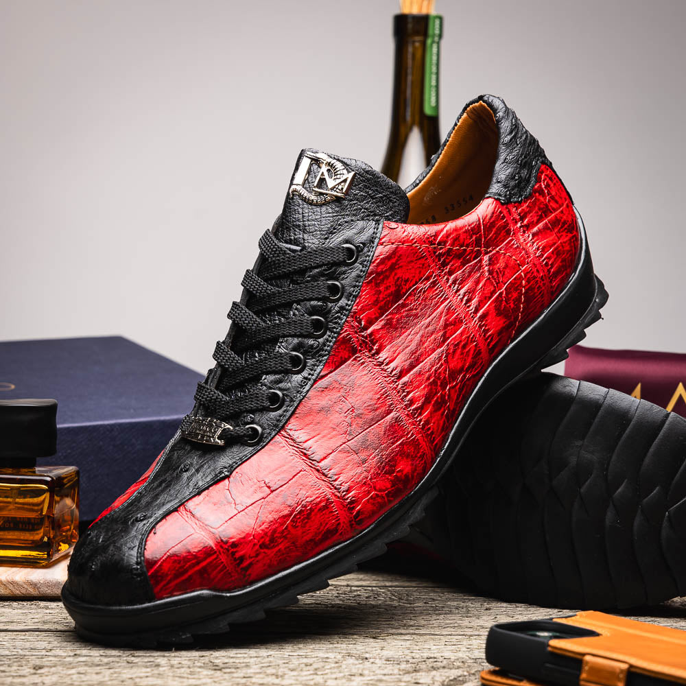 Saulo men's sneakers genuine alligator and ostrich BlackCherry Milano red shoes