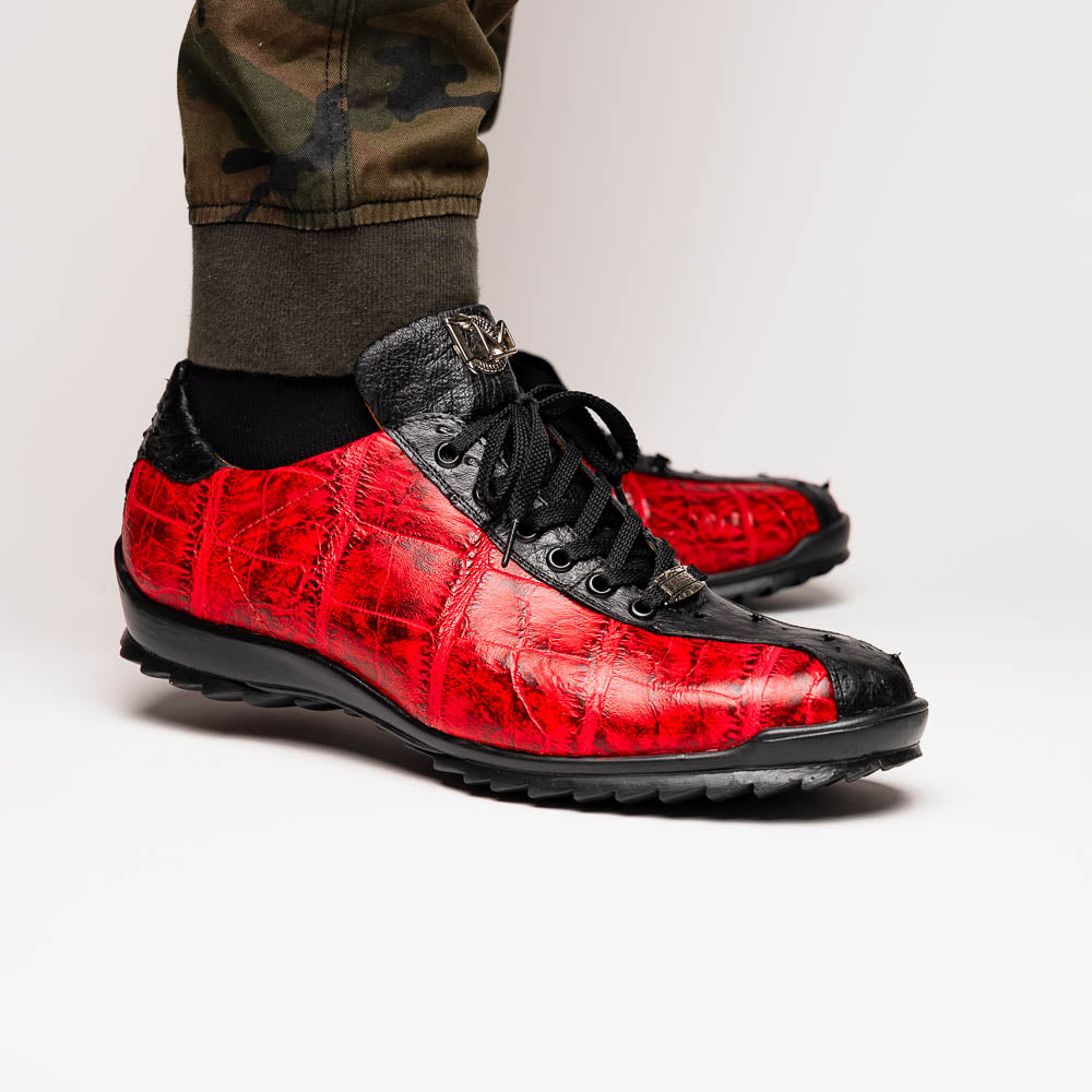 Saulo men's sneakers genuine alligator and ostrich BlackCherry Milano red shoes