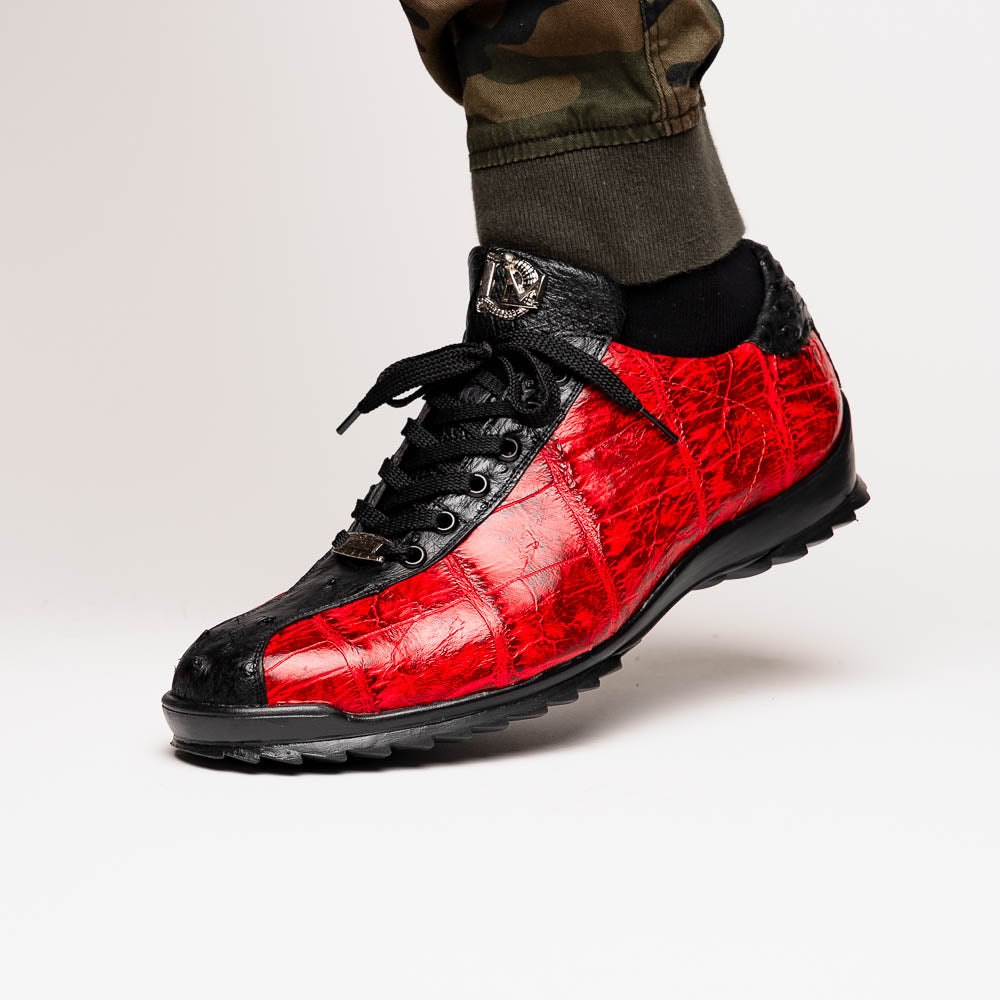Saulo men's sneakers genuine alligator and ostrich BlackCherry Milano red shoes