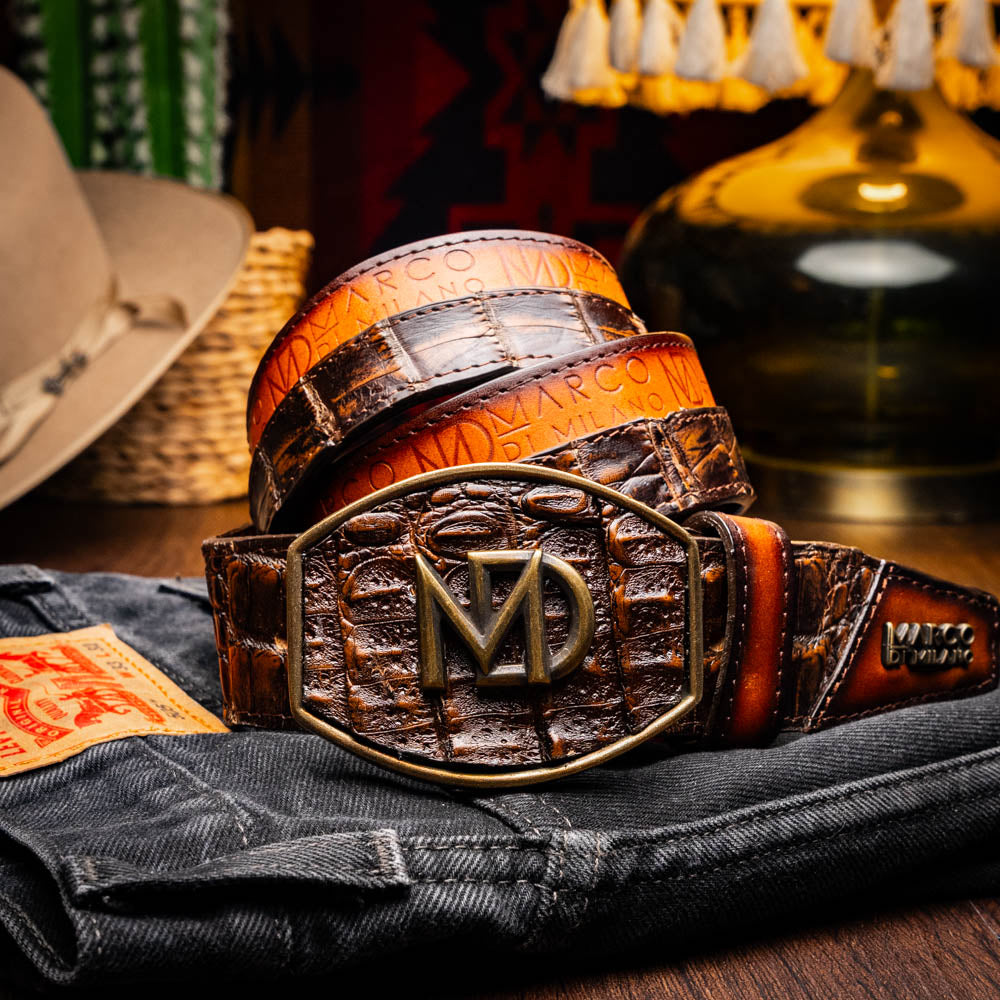 Marco di Milano Caiman Crocodile Texas Belt Aged Brown men's
