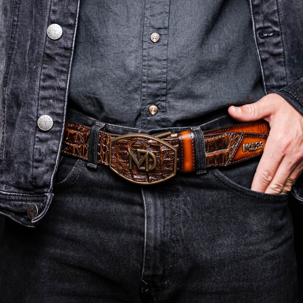 Marco di Milano Caiman Crocodile Texas Belt Aged Brown men's