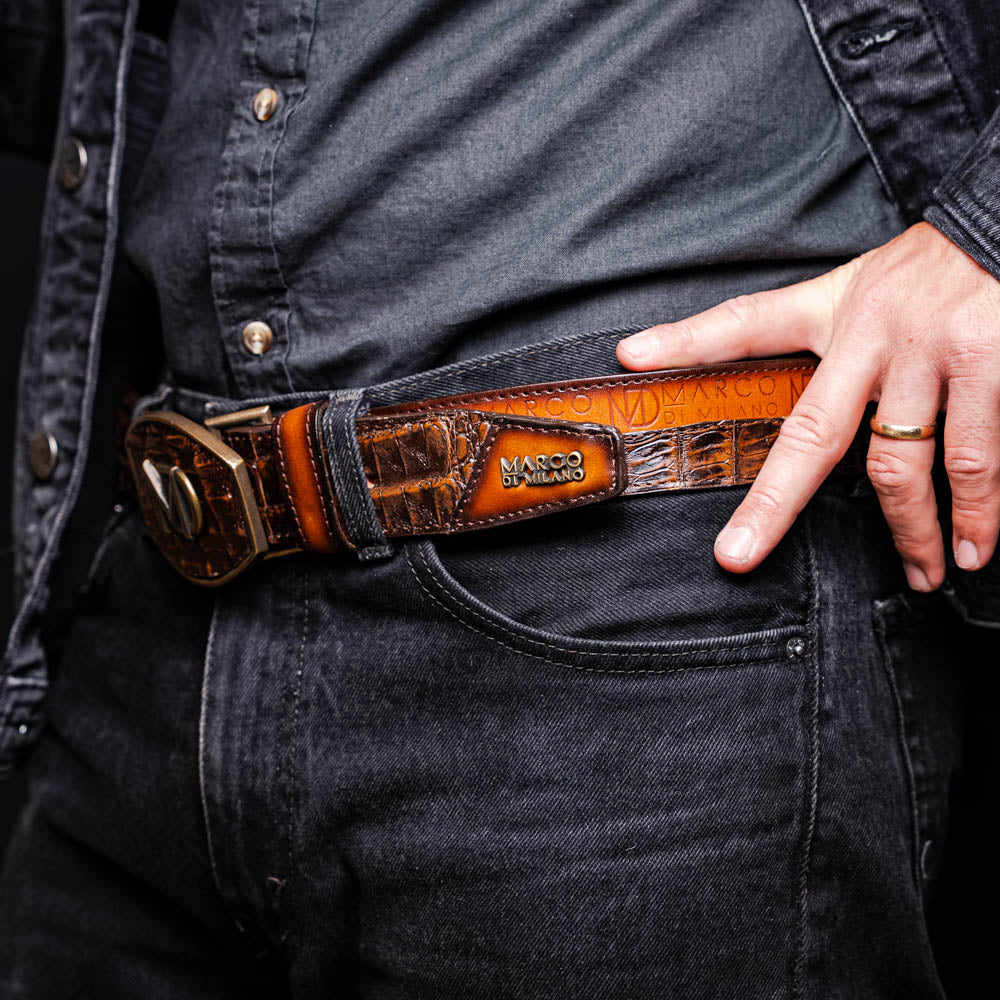 Marco di Milano Caiman Crocodile Texas Belt Aged Brown men's