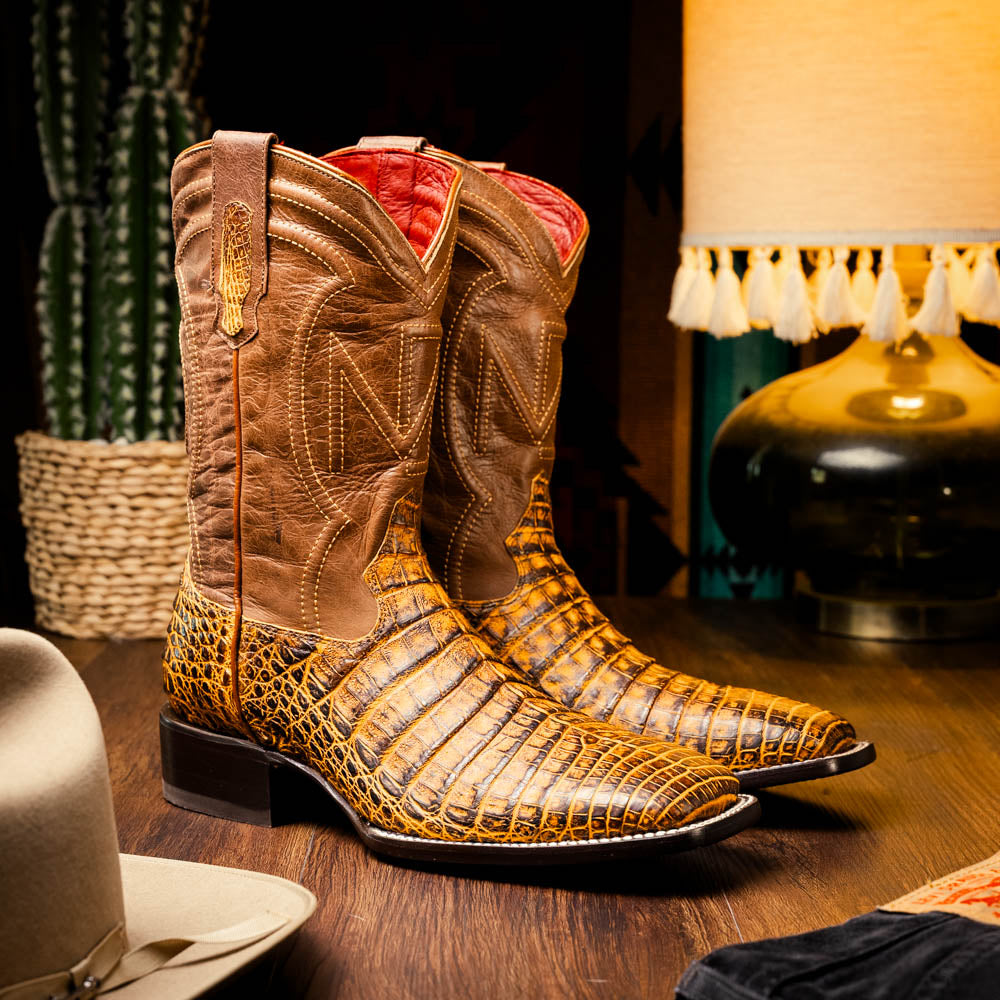 Tucson Mustard Brown boots men's Milano Genuine Caiman Belly skin
