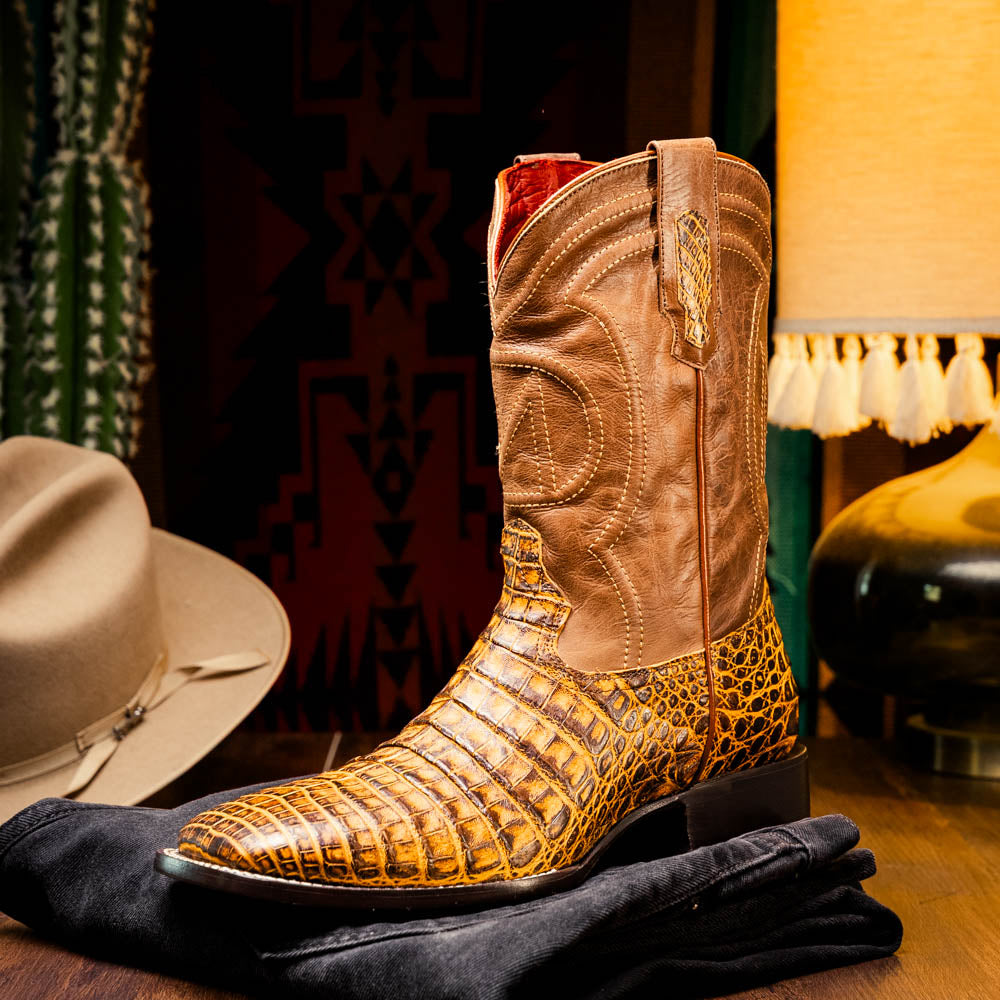 Tucson Mustard Brown boots men's Milano Genuine Caiman Belly skin