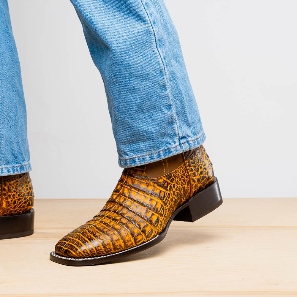 Tucson Mustard Brown boots men's Milano Genuine Caiman Belly skin