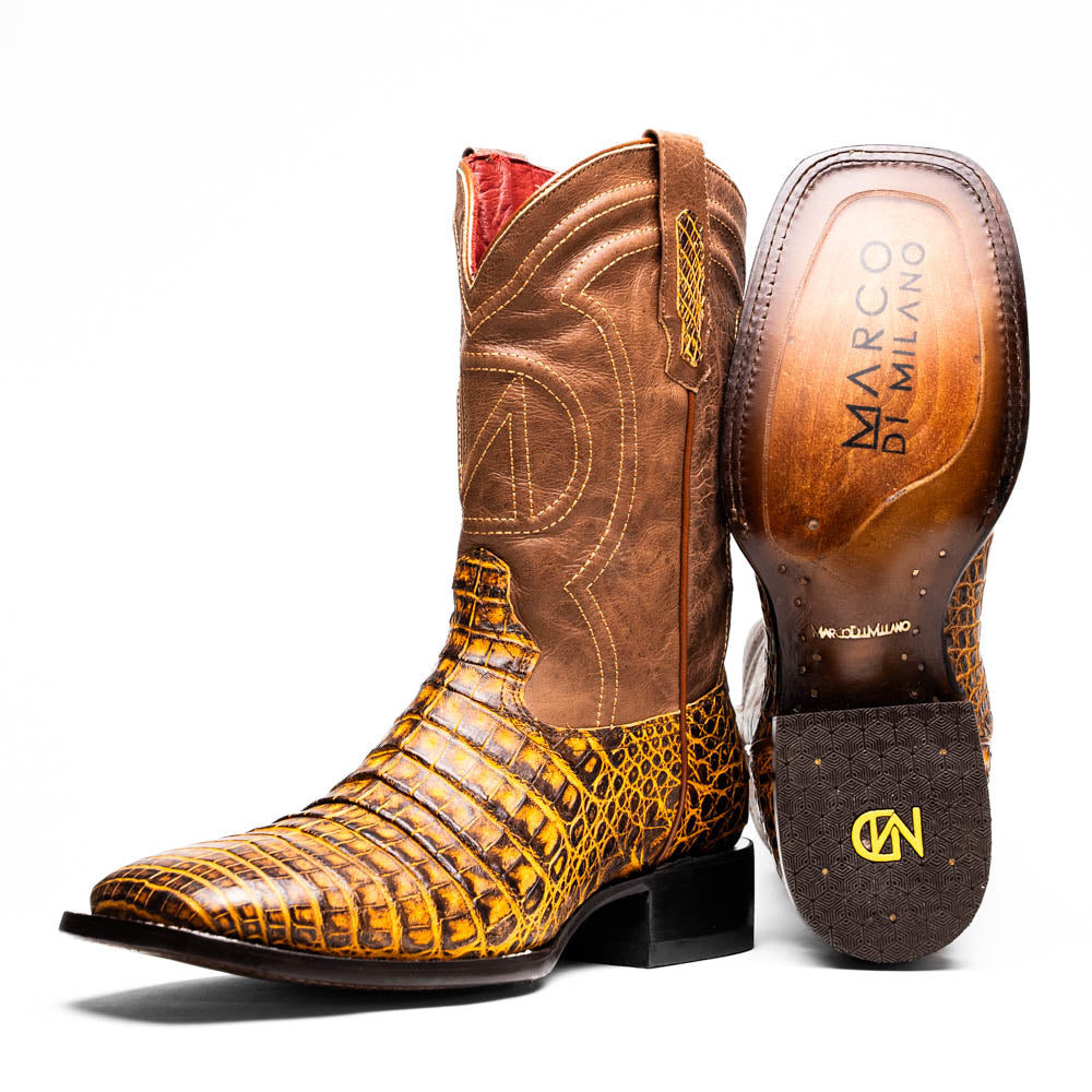 Tucson Mustard Brown boots men's Milano Genuine Caiman Belly skin