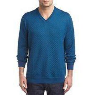 ROBERT GRAHAM M textured sweater V-neck relaxed classic men's teal wool $228-Sweaters-Robert Graham-Medium-Teal-Jenifers Designer Closet