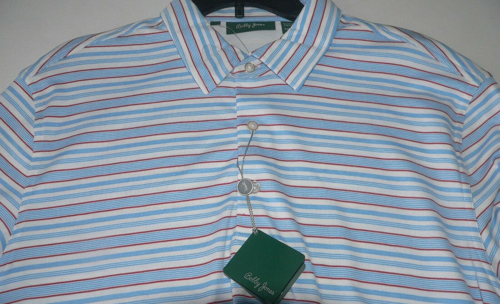 BOBBY JONES Golf polo shirt L golfer white w/ blue, red pinstripe men's PIMA - Jenifers Designer Closet