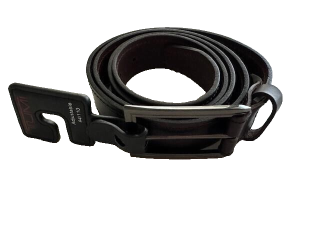 TUMI men's 44/110  belt leather gunmetal hardware France dark brown luxury