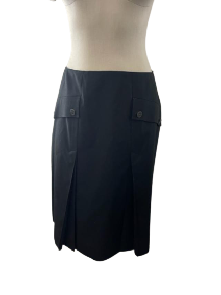 CHANEL 44 10 12 wool skirt imprinted buttons career pleats France black