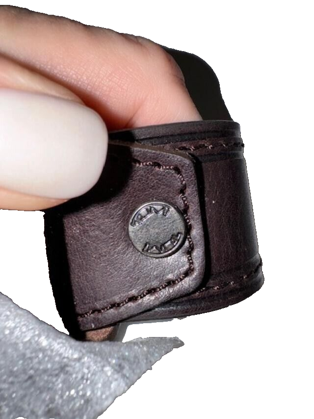 TUMI men's 44/110  belt Dark Brown leather gunmetal hardware Made in France