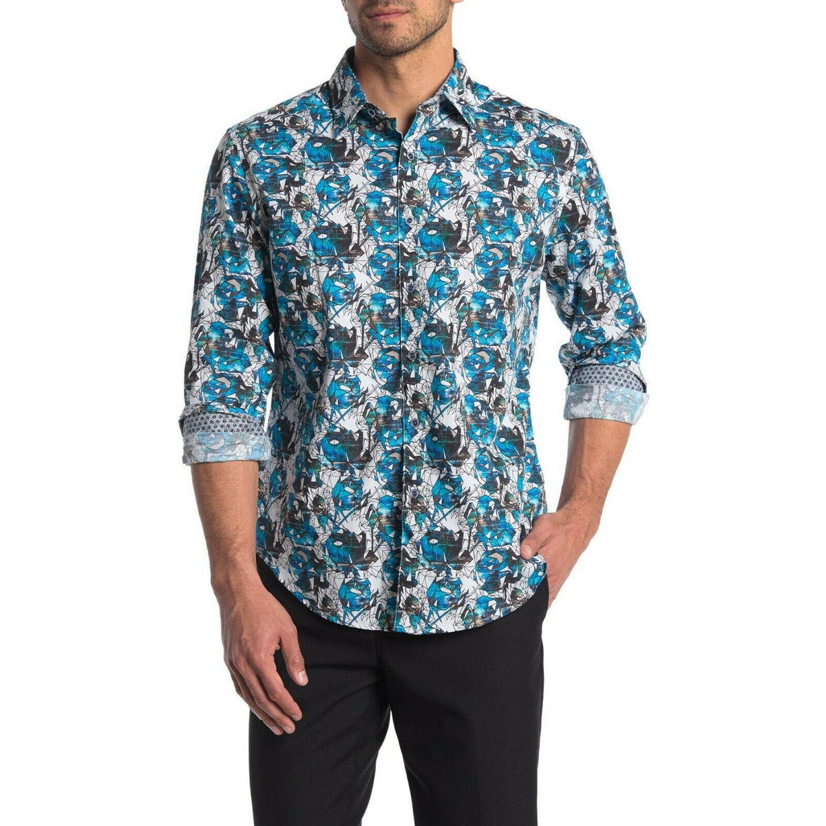 ROBERT GRAHAM shirt LG blue contrast cuffs abstract design men's-Clothing, Shoes & Accessories:Men:Men's Clothing:Shirts:Casual Button-Down Shirts-Robert Graham-Large-Blue-Jenifers Designer Closet